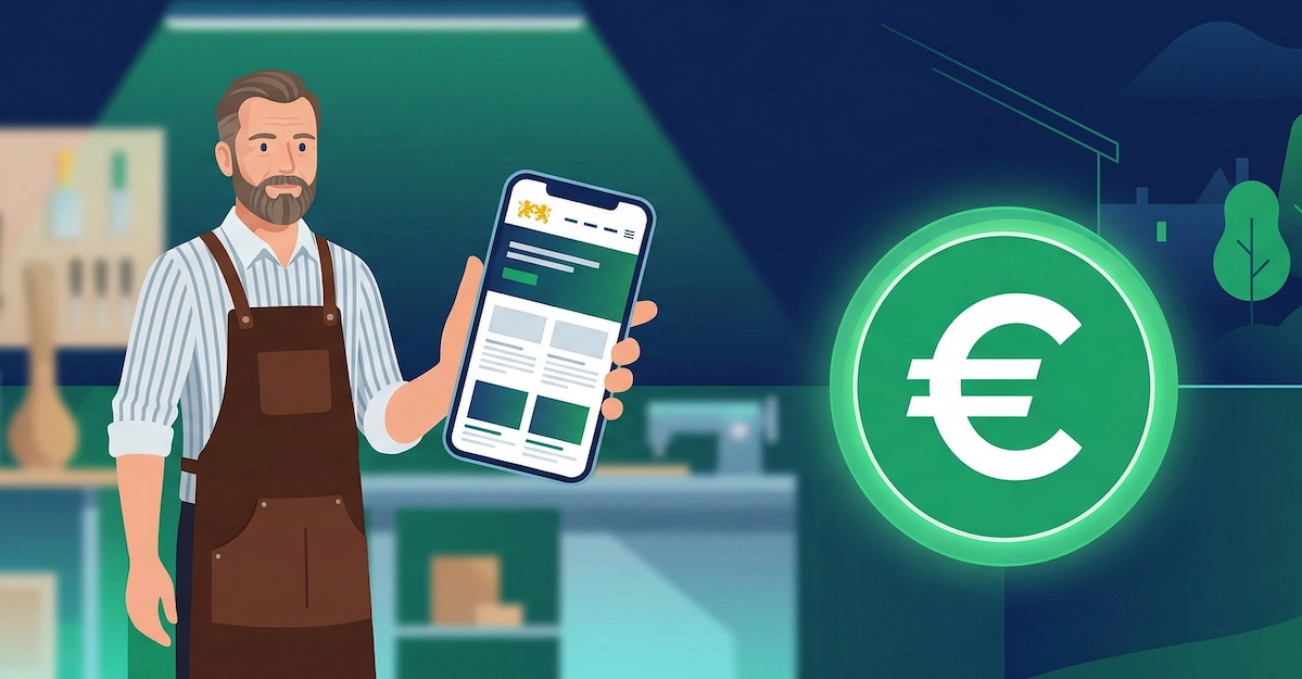 Artisan normand tenant un smartphone avec site internet et icône euro verte symbolisant les aides numériques Normandie